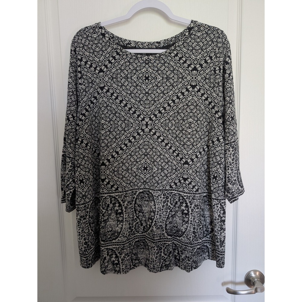 Lucky Brand Women's Plus Size 1X Black Paisley Boho Cotton Modal Tunic Top EUC - Picture 3 of 5